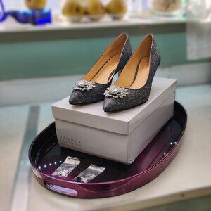 Pewter/Black Rhinestone Adorned Glitter Heels